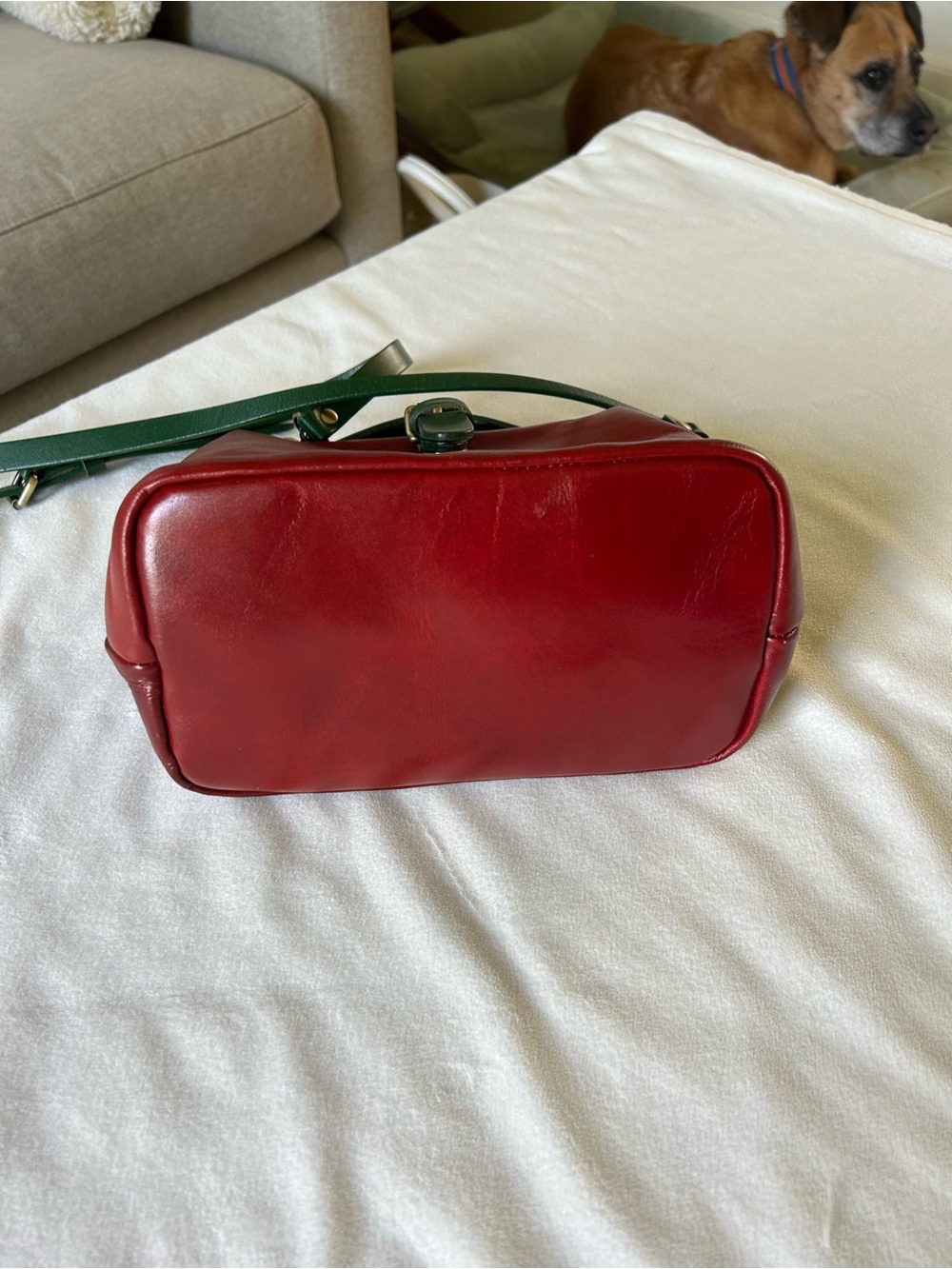 Red Leather Satchel with Green Strap - Classic Top Handle Crossbody - Picture 13 of 13